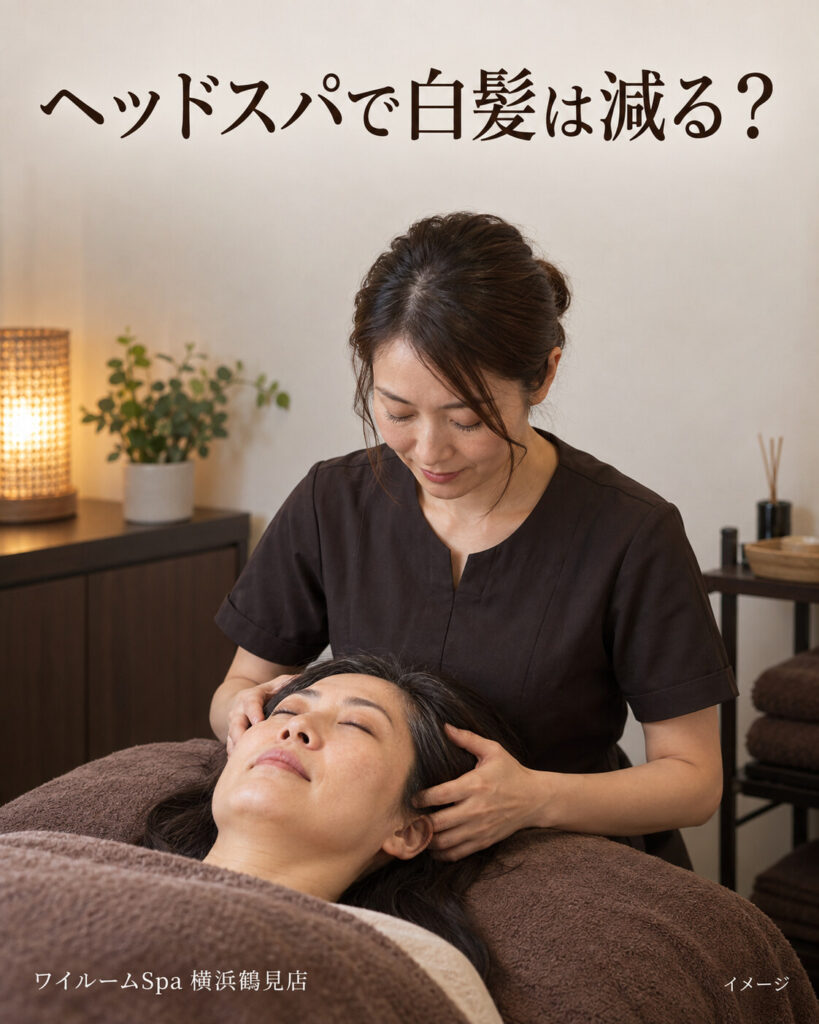 白髪が少し混じる成人女性が仰向けで炭酸ドライヘッドスパを受けるイメージ。見出し「ヘッドスパで白髪は減る？」。
