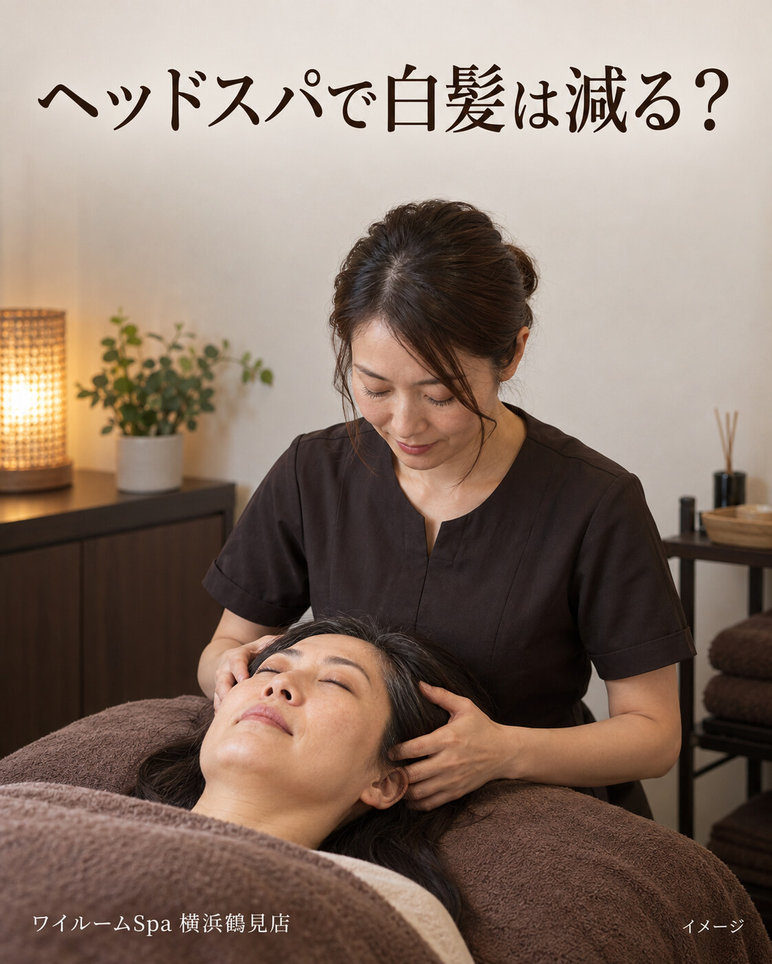 白髪が少し混じる成人女性が仰向けで炭酸ドライヘッドスパを受けるイメージ。見出し「ヘッドスパで白髪は減る?」。