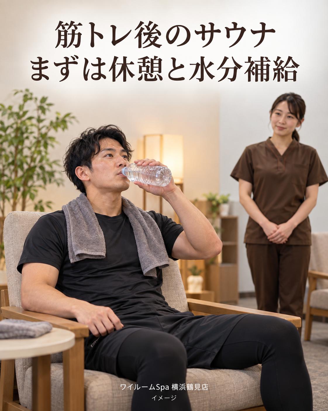 筋トレ後に椅子で休憩し水分を補給する成人男性のイメージ。