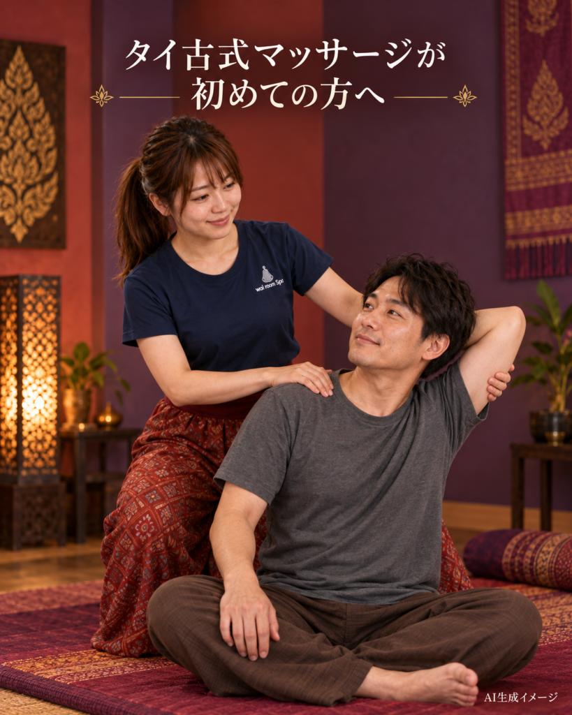 紺色の制服のAIセラピストが男性客にタイ古式マッサージを行うイメージ。見出し「タイ古式マッサージが初めての方へ」。AI生成イメージ。
