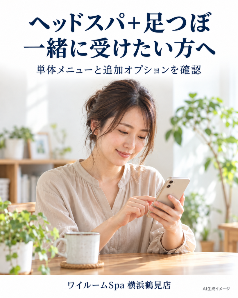 自宅で予約を確認する成人女性。ヘッドスパと足つぼを案内するAI生成イメージ。