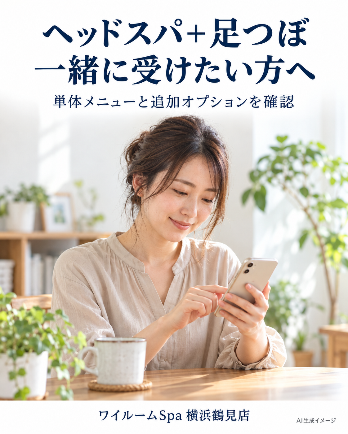 自宅で予約確認をする成人女性。AI生成イメージ。