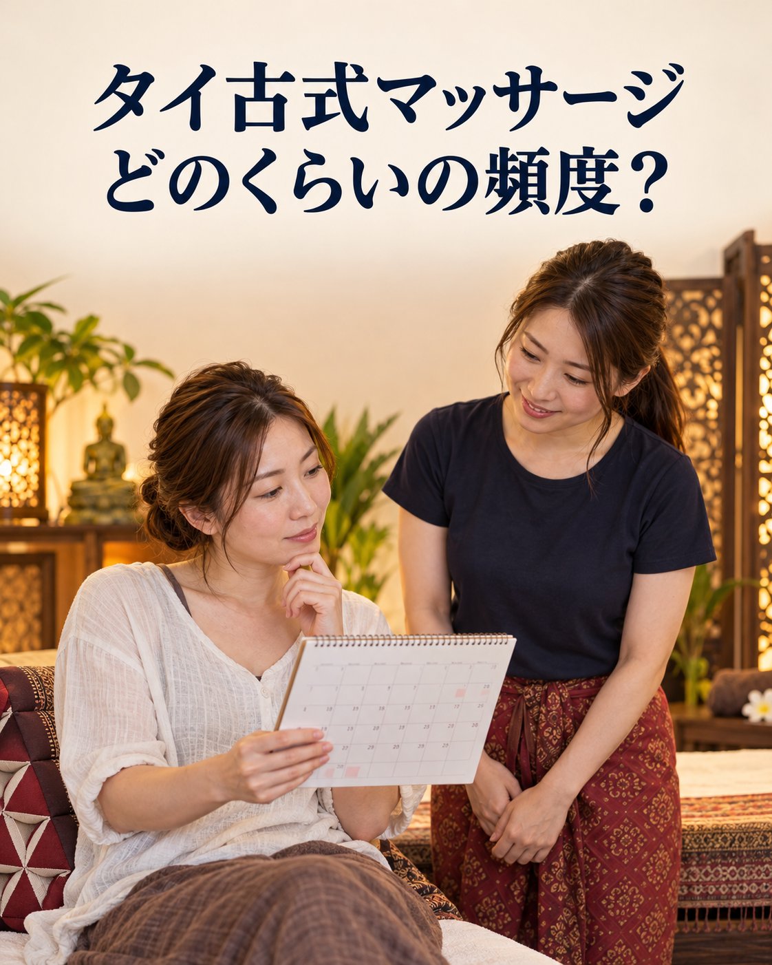 カレンダーを見ながら次回を考える女性と、そばで話を聞くタイ古式マッサージのセラピスト。AI生成イメージ。