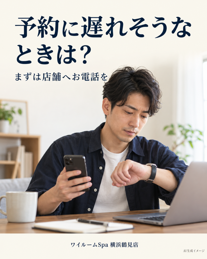 自宅の机で腕時計とスマートフォンを確認する成人男性。予約に遅れそうな場合の電話連絡を案内するAI生成イメージ。