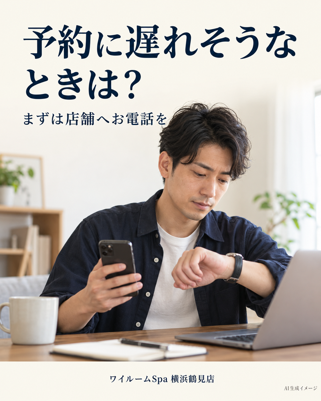 自宅の机で腕時計とスマートフォンを確認する成人男性。予約に遅れそうな場合は店舗への電話連絡を案内するAI生成イメージ。