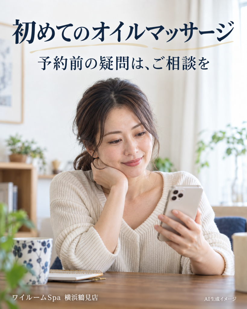 自宅で予約内容を確認する成人女性。初めてのオイルマッサージの予約前確認を案内するAI生成イメージ。