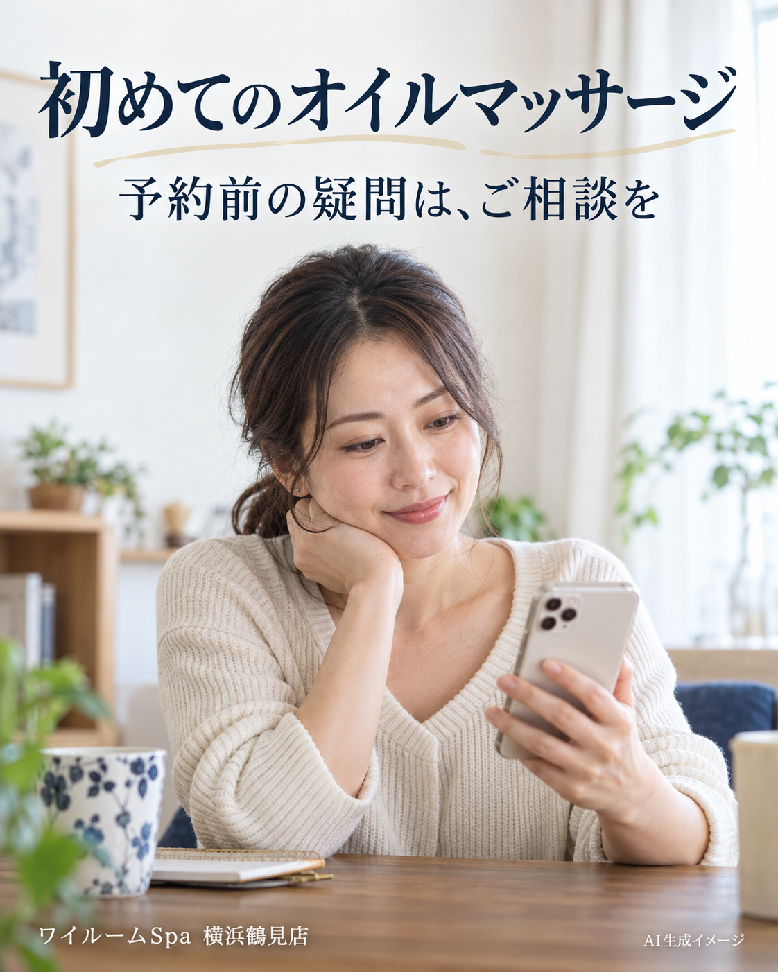 自宅で予約内容を確認する成人女性。初めてのオイルマッサージの予約前確認を案内するAI生成イメージ。
