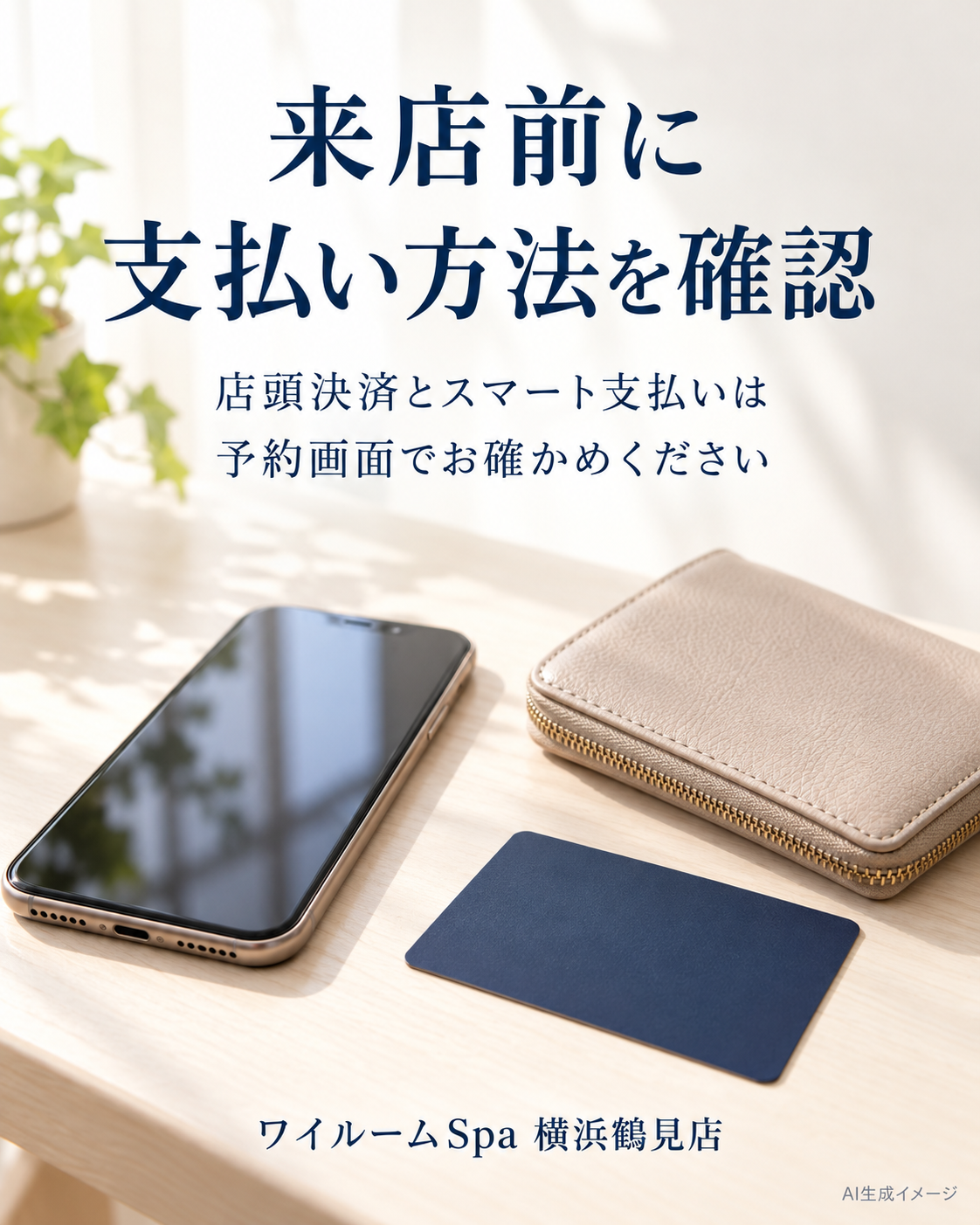 スマートフォンと無地のカード、財布を置いた机。来店前の支払い方法確認を案内するAI生成イメージ。