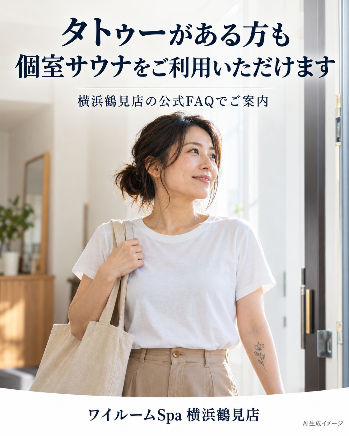 自宅で外出の準備をする、腕に小さなタトゥーのある成人女性。タトゥーがある方の個室サウナ利用を案内するAI生成イメージ。