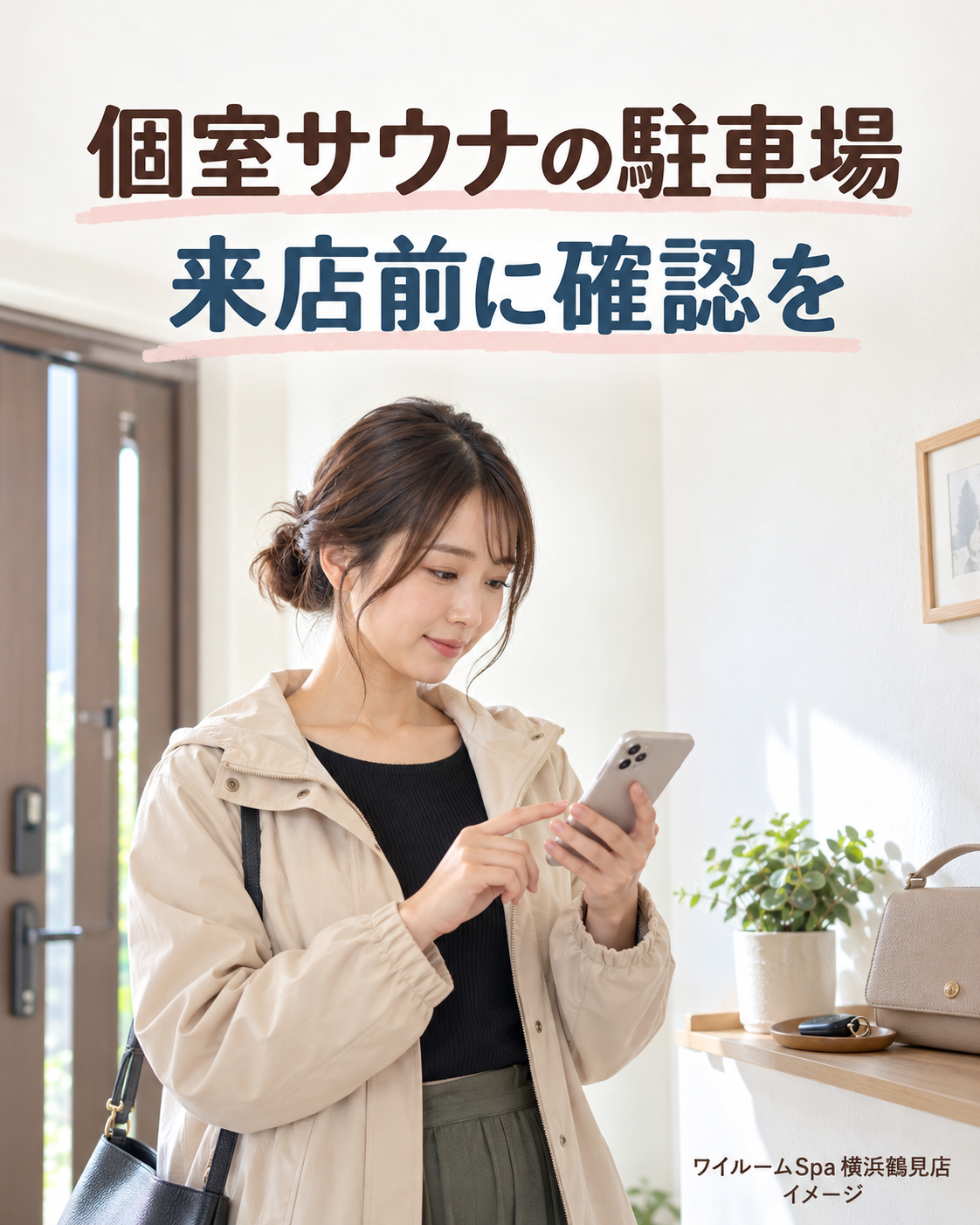 自宅の玄関でスマートフォンを確認する成人女性。個室サウナの駐車場を来店前に確認するAI生成イメージ。